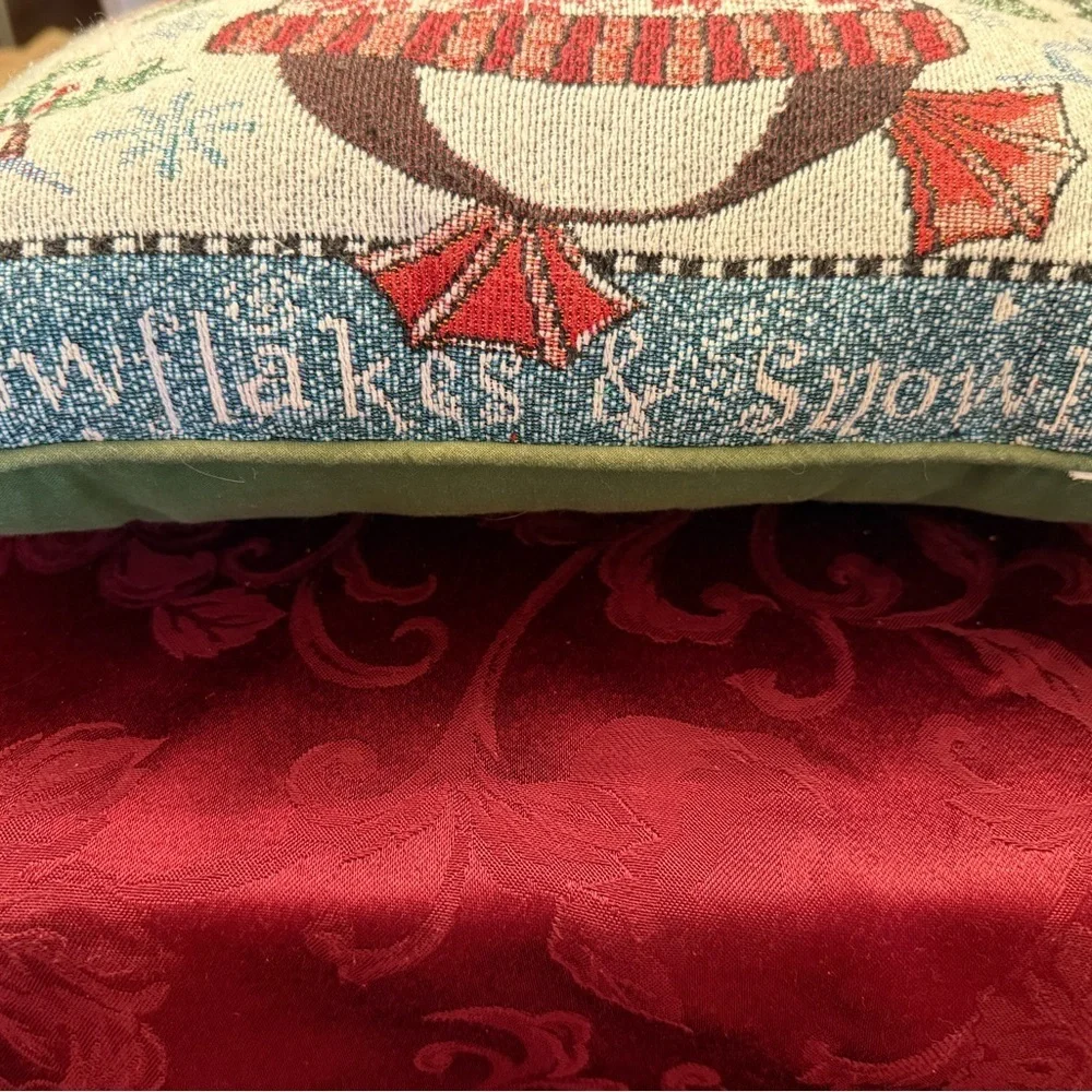 VINTAGE TAPESTRY WINTER SNOWBALL SNOW FLAKE PENGUIN PILLOW 17”ACROSS LENGTH 12”